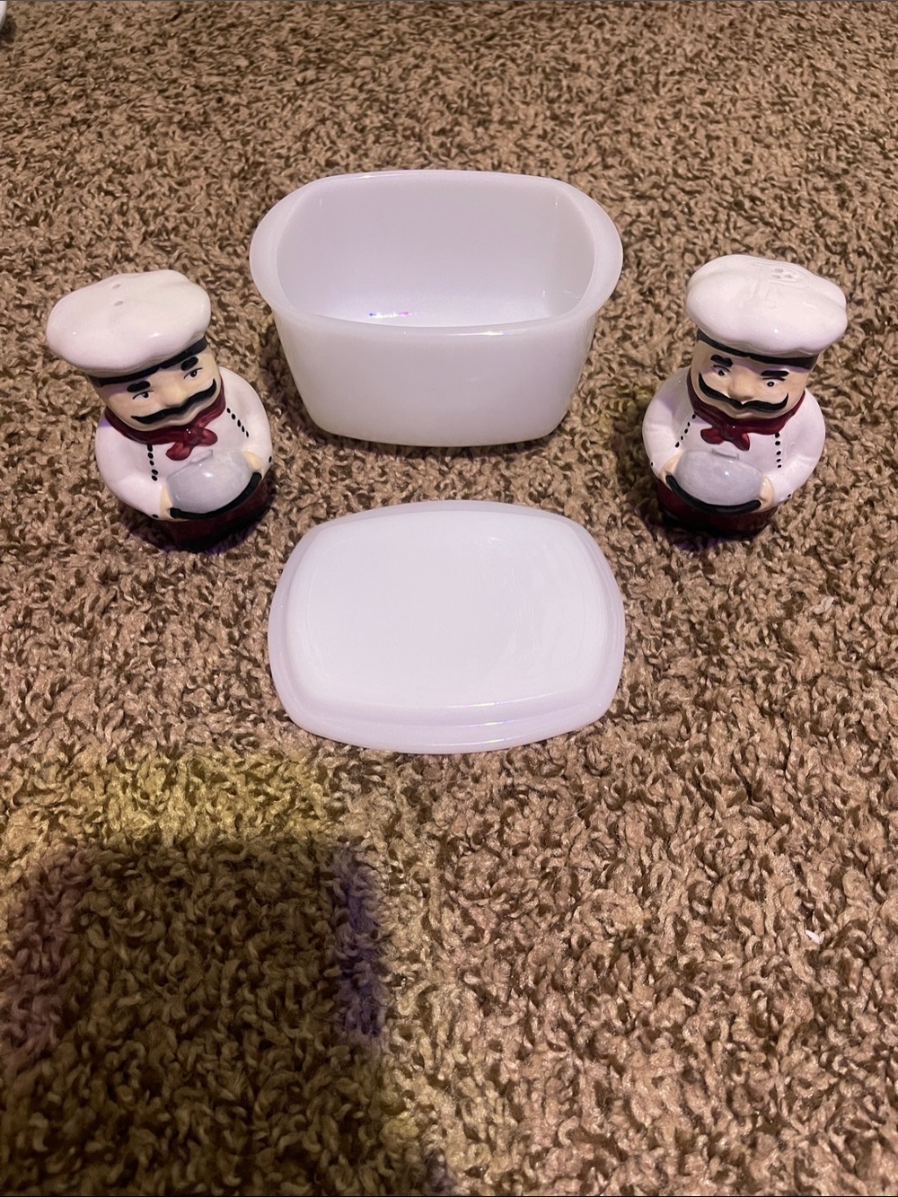 White Milk Glass Container with Chef Salt & Pepper Shakers